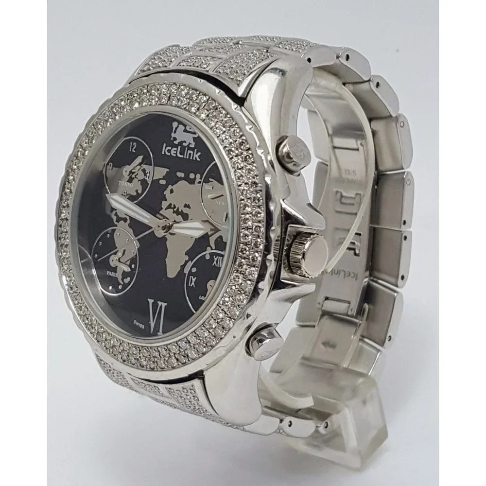 IceLink Marco Polo No. 1409 Black and Steel Watch w/Diamond Bezel and Strap 50mm